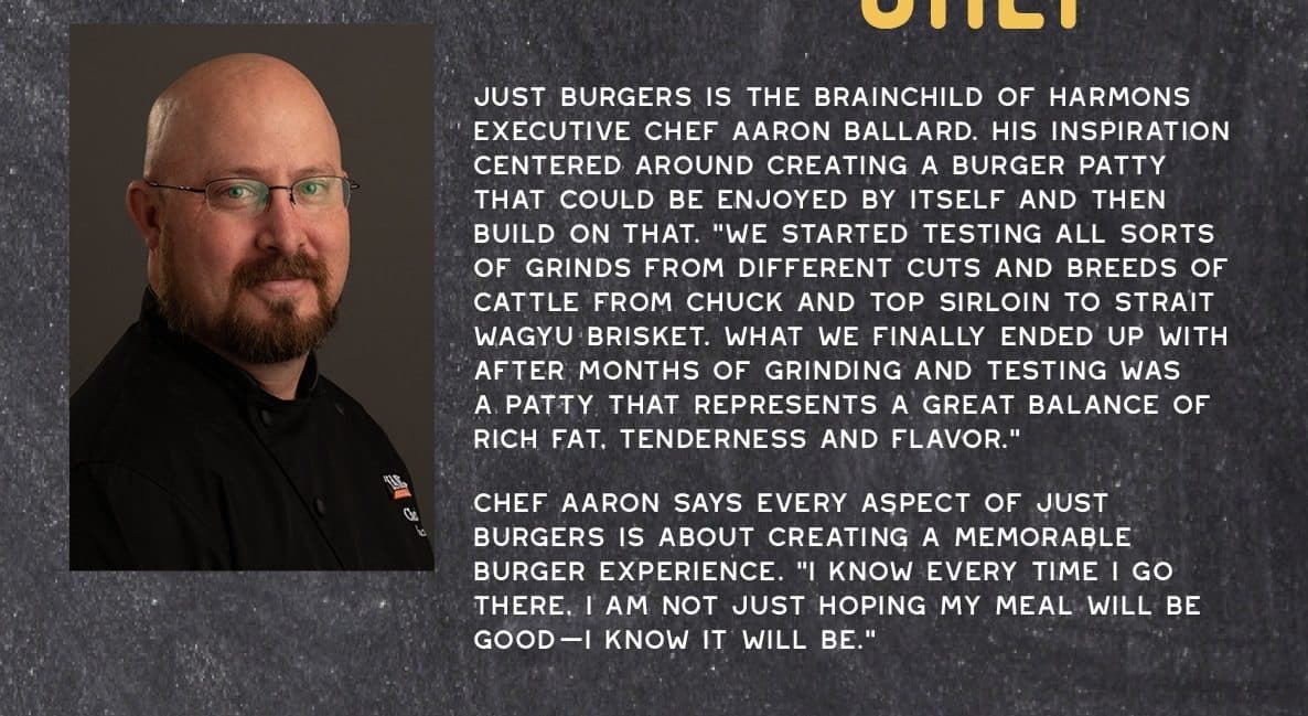 Chalkboard heading "The Chef" above a portrait of Harmons executive chef Aaron Ballard