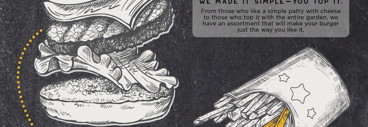 Pen-and-ink drawing of the lower burger stack beside a carton of fries
